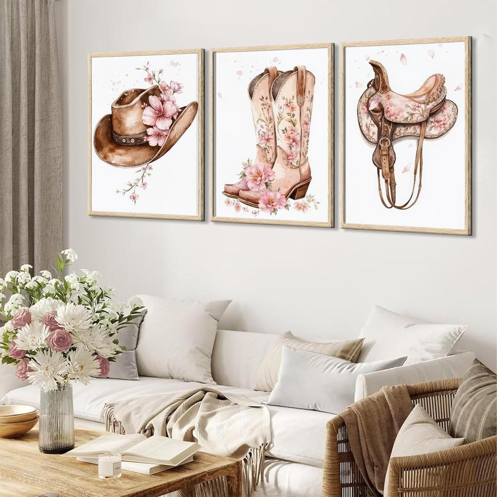 Tertiosh 3Pcs Western Cowgirl Wall Art Retro Western Flower Boots Hats Wall Decoration Pictures Girls Room Paintings Artwork Preppy Prints for Living