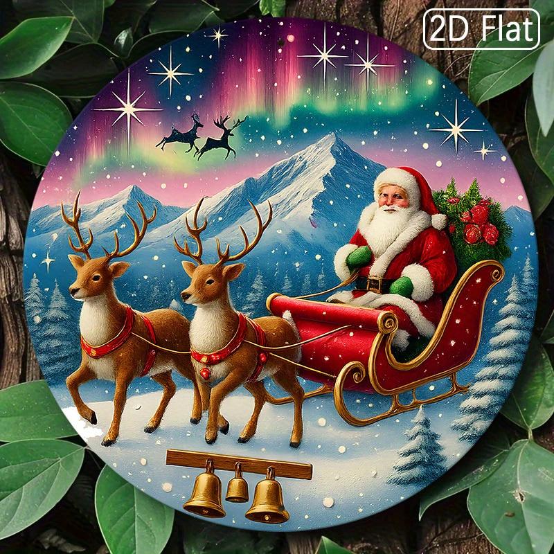 pc D Flat Christmas  Santa Sleigh Round Aluminum Wall Art Santa Sleigh Round Aluminum Sign Charming Decor Modern