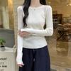 High-end pit strip with knitted bottoming shirt for women's autumn and winter waist and thin short top, soft waxy long-sleeved sweater