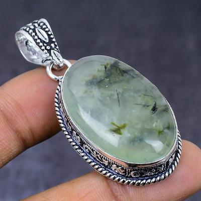 Natural Prehnite Gemstone Handmade 925 Steling Silver Jewelry Pendant 2.09" Z2L98
