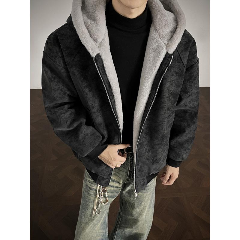 

Men s Winter Lychee Pattern PU Leather Jacket with Hood and Fur Collar L (for 55-65 kg) чорний