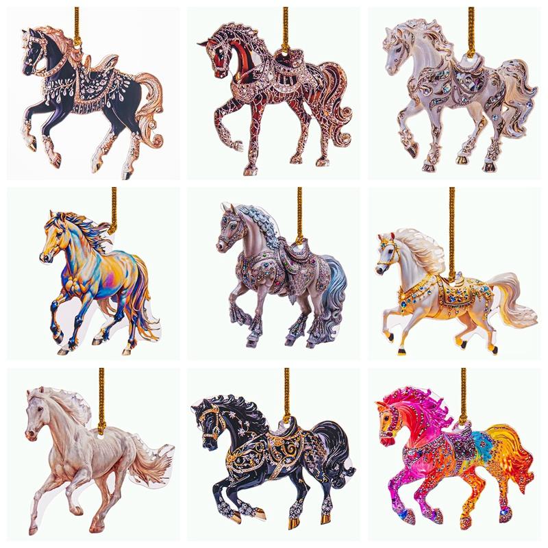 Acrylic Christmas Tree Pendant 2D Plane Horse New Year Decoration Christmas Tree Hanging Ornament Navidad Party Charms Supplies