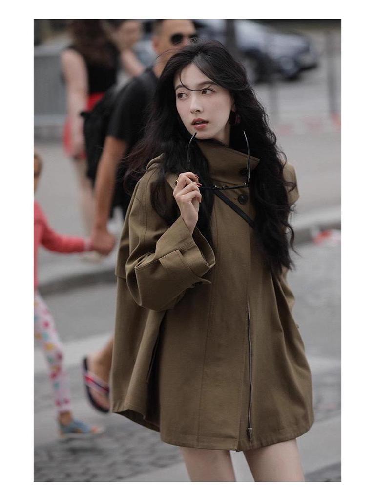 Women's British-Style Hooded Trench Coat: Autumn/Winter, Plus Size, Versatile, Trendy Loose-Fit Cape Design.