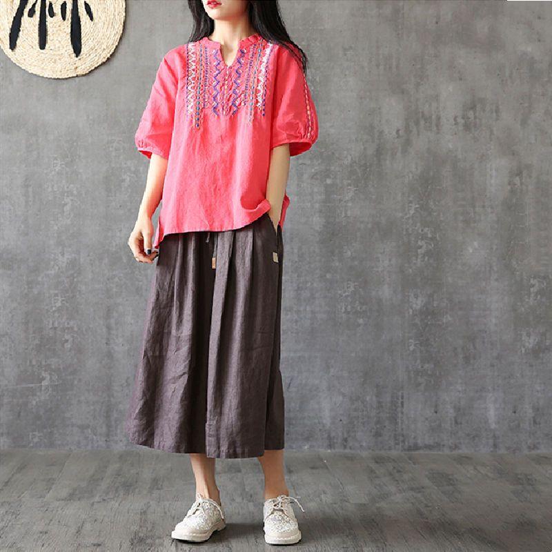 Simple Embroidery Loose Artistic Small V-neck Bamboo Knot Cotton Top Women's Summer Versatile Retro Cotton Linen Short Sleeved T-shirt