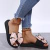 Mode Damen Keilabsatz Sandalen Sommer Neu Runde Zehenpartie Offene Zehen Stoff mit Schmetterlingsknoten Dicke Sohle Rutschfest Abriebfest Hausschuhe