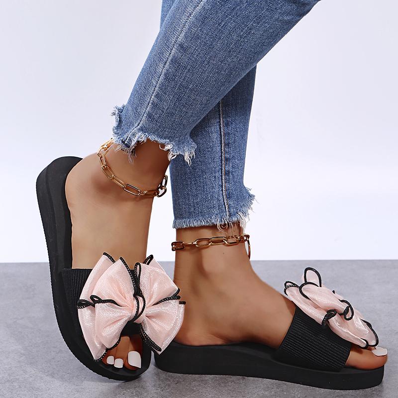 Mode Damen Keilabsatz Sandalen Sommer Neu Runde Zehenpartie Offene Zehen Stoff mit Schmetterlingsknoten Dicke Sohle Rutschfest Abriebfest Hausschuhe