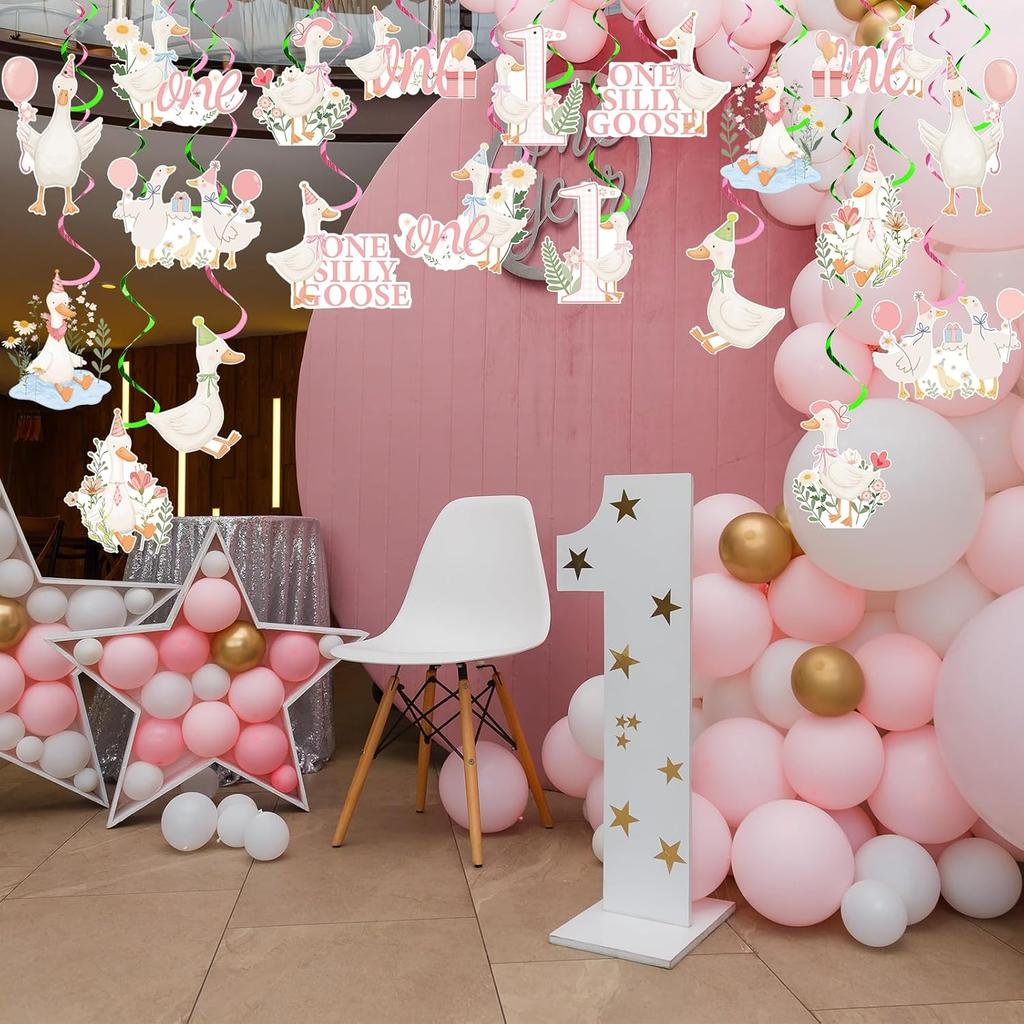 Epakh 20 Pcs One Silly Goose Hanging Birthday Swirl Pink Party Swirl One Silly 1st Goose Birthday Decorations for Girls Pink Bow Goose Party Supplies