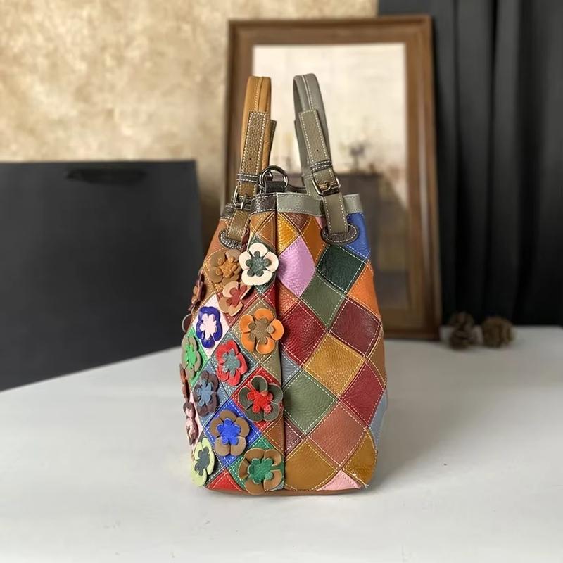 Genuine Leather Handmade Splicing Flower Women'S Crossbody Bag Random Color Scheme Cowhide Shell Bag Contrast Color Handbag