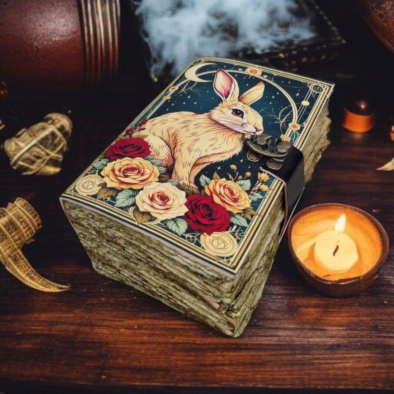 

Bunny Rabbit Leather Journal Grimoire Notebook Handmade Deckle Paper Spell Book | Gift for Her 7 x 5 in