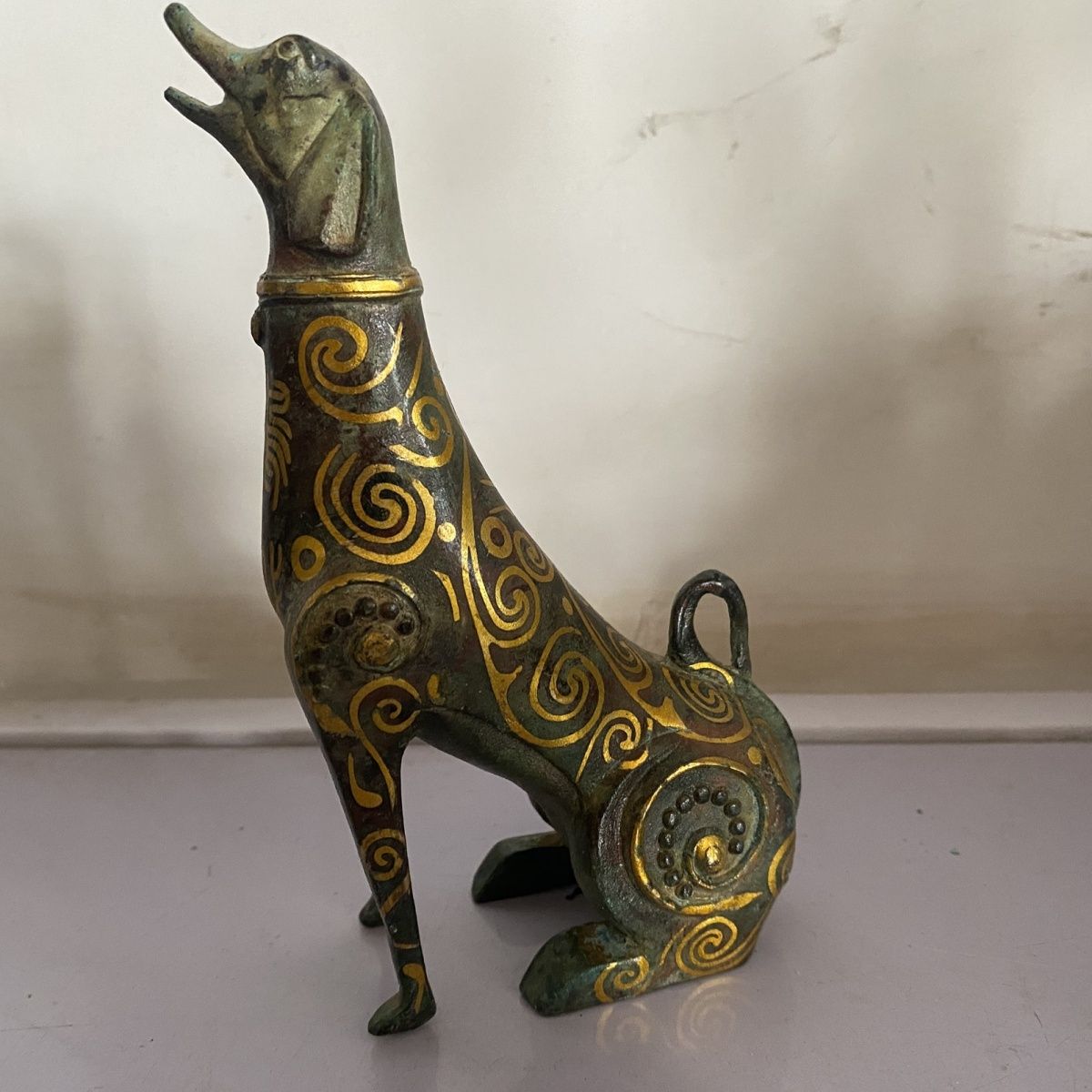 

Temple Collection Old Bronze Gilded Cinnabar Flower Oracle bone script pattern Dog Statue Watch the Divine Beast