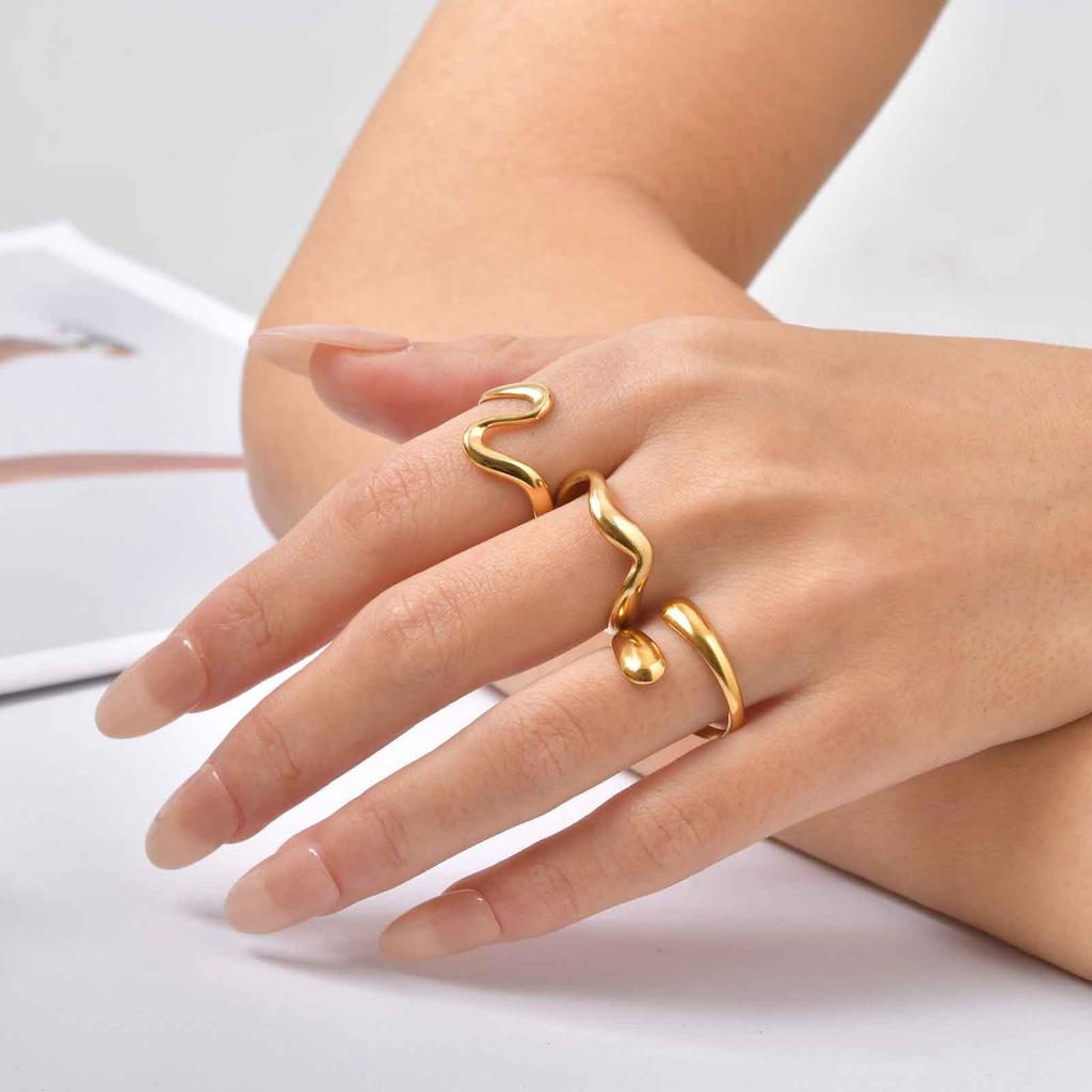 Minimalist Geometric Stainless Steel Ring for Women Wavy Water Drop Rings Gold Plated Daily Jewelry Gift