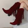Autumn and winter new ebay supply fringed  boots size small square head solid color versatile high heel medium boots