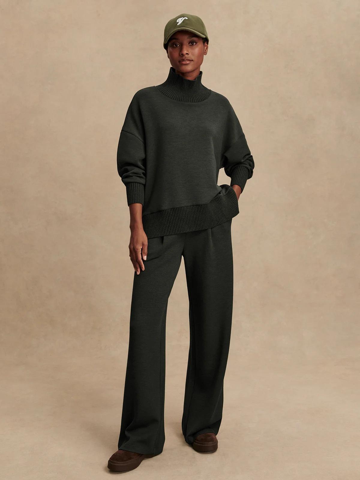 

Womens High Neck Turtleneck Sweater and Wide Leg Pants Lounge Set XL армія зелений колір