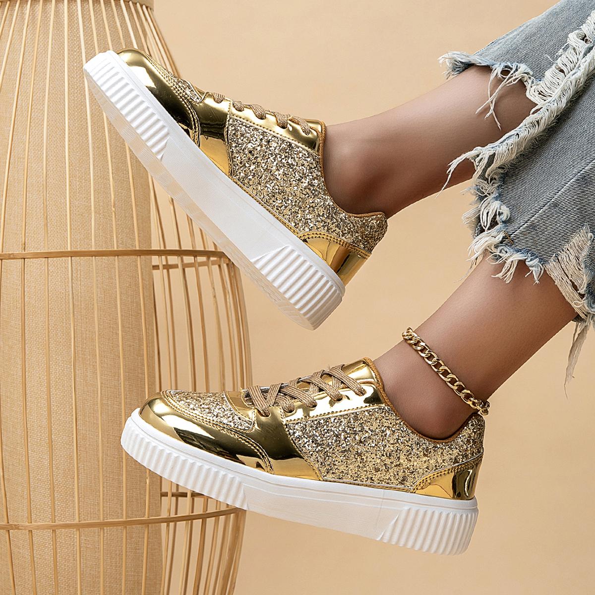 

Женские повседневные кроссовки для сноуборда, модные дышащие сетчатые плоские спортивные туфли, легкие и блестящие серебристые женские туфли, новый стиль 36 золотой