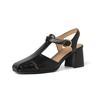 Fashion Split Leather Summer Sandals Square Toe Chunky Heel Sandals for Women High Heels Mary Jane Shoes T-shaped Buckle Ladies Shoes