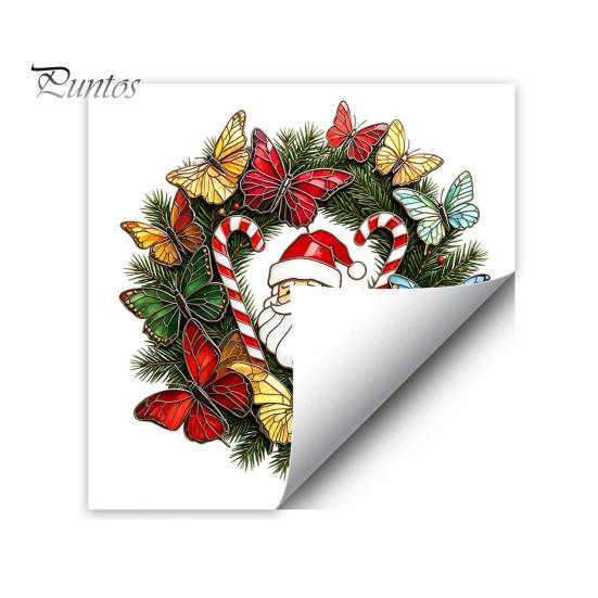 Bathroom Glass Decoration Christmas Wreath Window Sticker, Stained Style, Removable Santa Butterfly Candy Static Clings Cane Decal, PVC Cling for Home