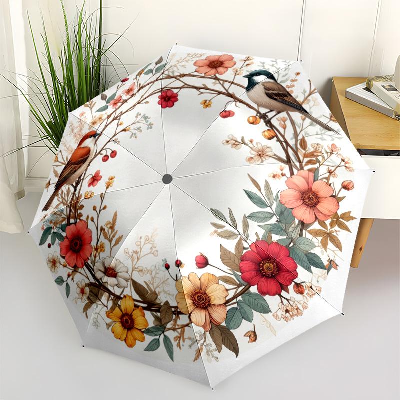 Floral Bird Garden Scene Automatic Umbrella Compact 8-Rib Design Sturdy Construction Travel Essential Compact Folding Umbrella