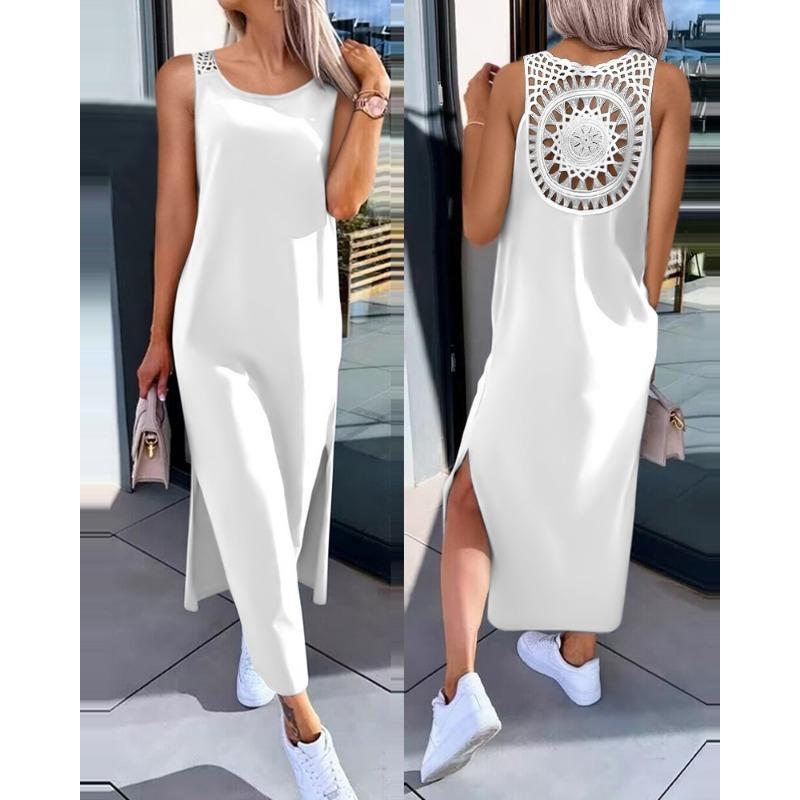 Women s Lace-up Hollow-out Dress with Shoulder Straps, Sleeveless Slit Vest Skirt, Knee-length Mid-length Dress, Summer S белый