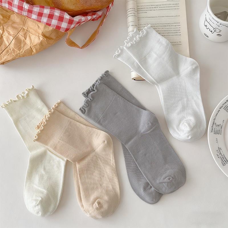Women's Pure Cotton Candy Color Ruffle Mid-Calf Socks - Soft, Versatile, and Solid Color
