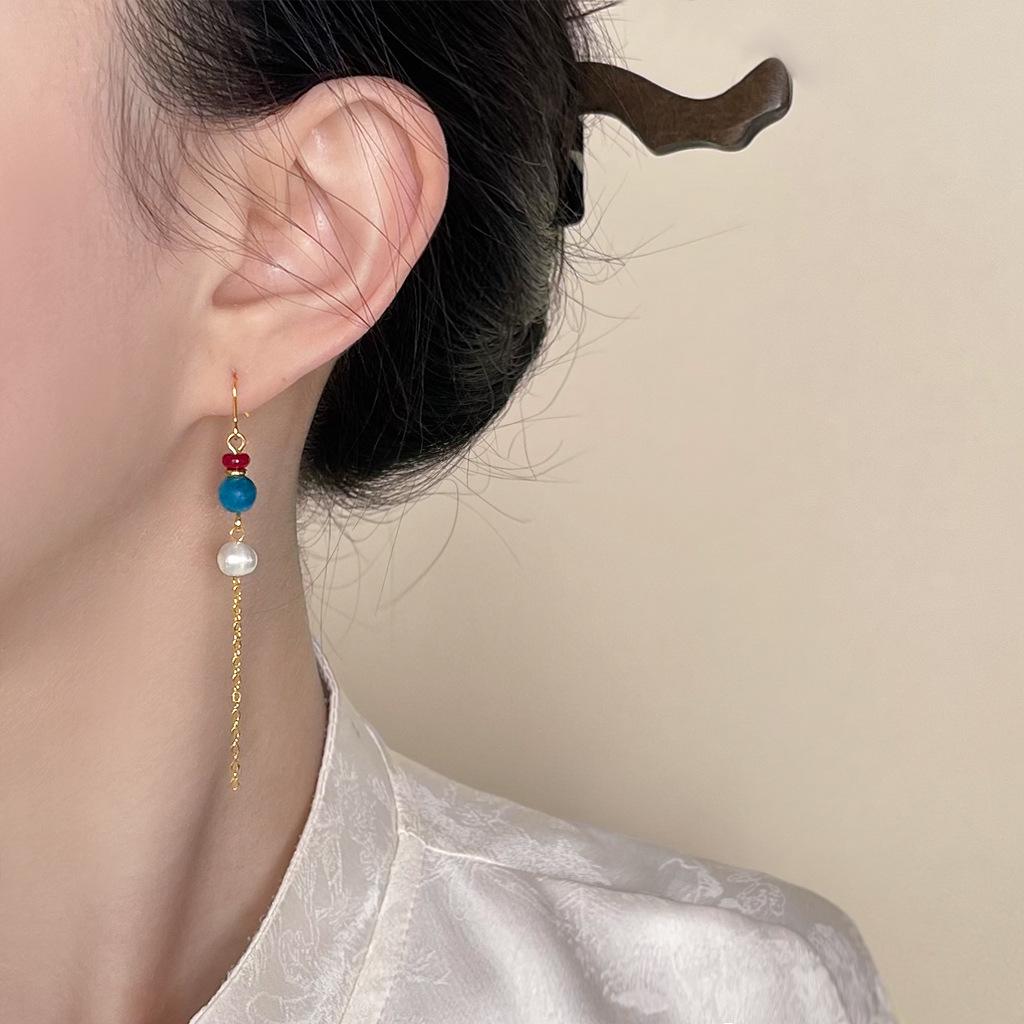 Boucles d'oreilles à pampilles en perles d'eau douce et aigue-marine faites à la main: Style Chinois Rétro Long Design Littéraire
