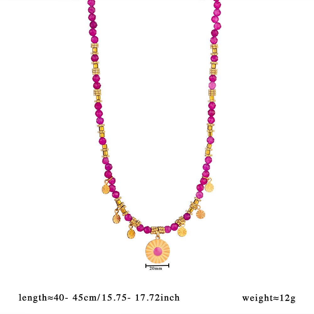 

Hot ruby colored natural stone bead necklace with stainless steel pendant for women, suitable for beach parties