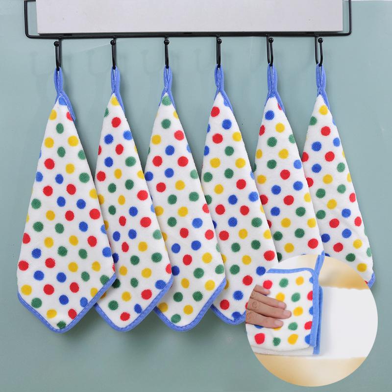 Round Dot Coral Fleece Cloth Kitchen Dishwashing Cloth Thickened Absorbent Dishwashing Square Towel Household Towel with Hanging Rope Hand Towel