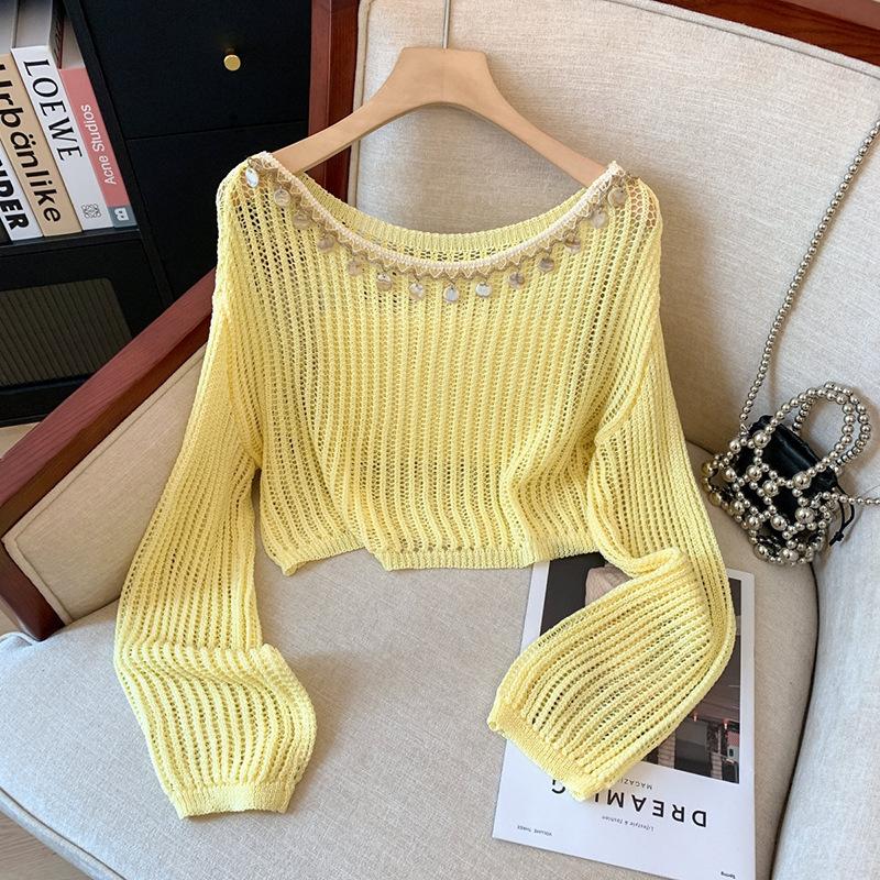 

Spring and summer bohemian yellow short top women s one-word neck mesh sexy blouse sequined hollow knitted sweater Average size 56-23 жовтий