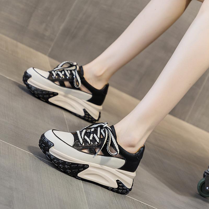 Daddy Shoes Leather Surface Hollow Women 2025 Summer New Retro Lightweight Inner Height Increase Casual Sports Shoes Platform Sandals