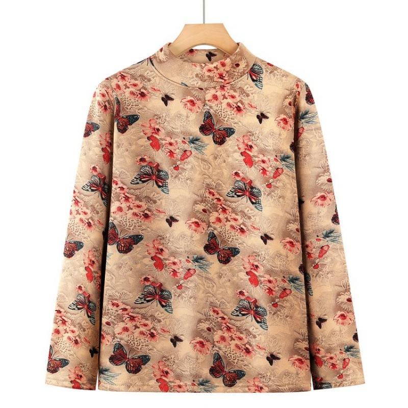 Autumn and Winter Long-sleeved Semi-turtleneck German Velvet Bottoming Shirt for the Elderly Velvet Underwear Floral Warm Autumn Clothes