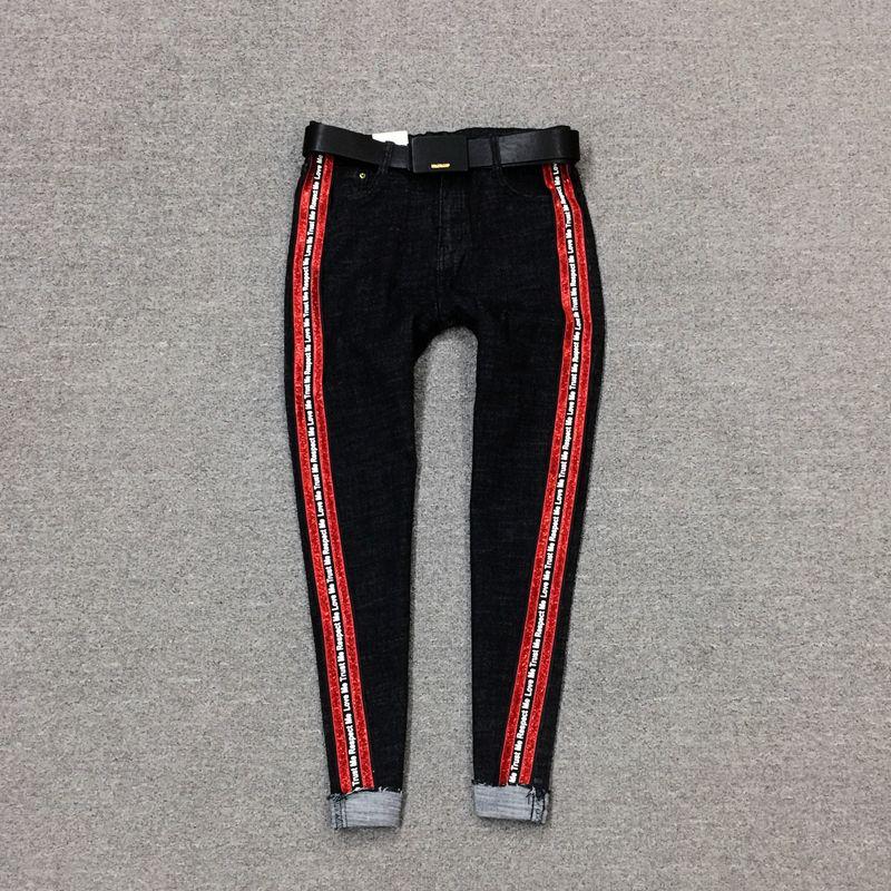 

Новая Мода Буквы сбоку Яркая Шелковая Лента Брюки-гаремы Side red Denim 2XL
