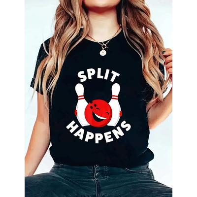 Europäische Größe Damen Split Happens Grafik T-Shirt Schwarz Weiß Print Leichtes Polyester Lässig Rundhalsausschnitt Kurzarm Frühling