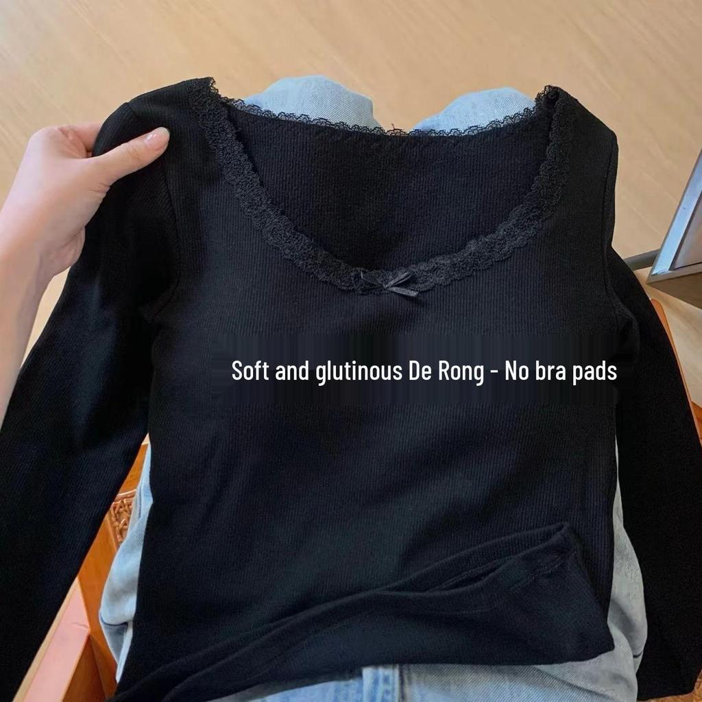 Petite Slim-Fit Women's Long-Sleeve White Lace T-shirt, Korean Style, Autumn/Winter, Gentle Inner Layer, Highlights Collarbone