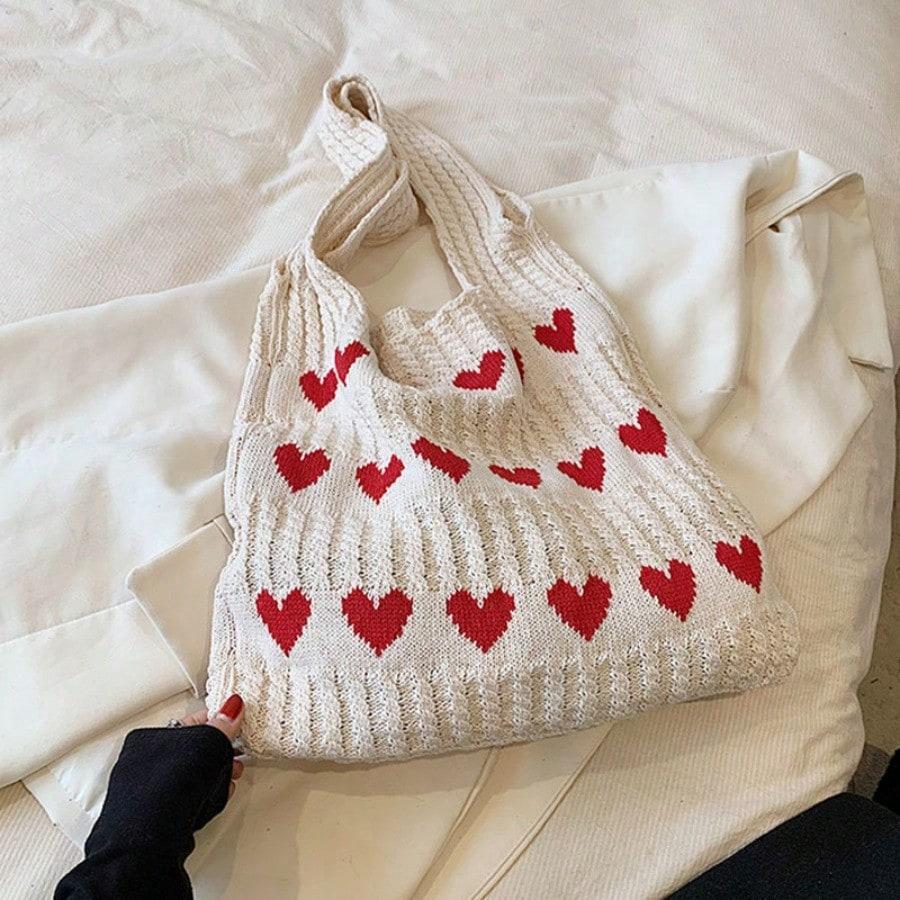 Sac fourre-tout en tricot amour petit frais simple mode sac tissé personnalisé style étranger sac à bandoulière apricot multicolore