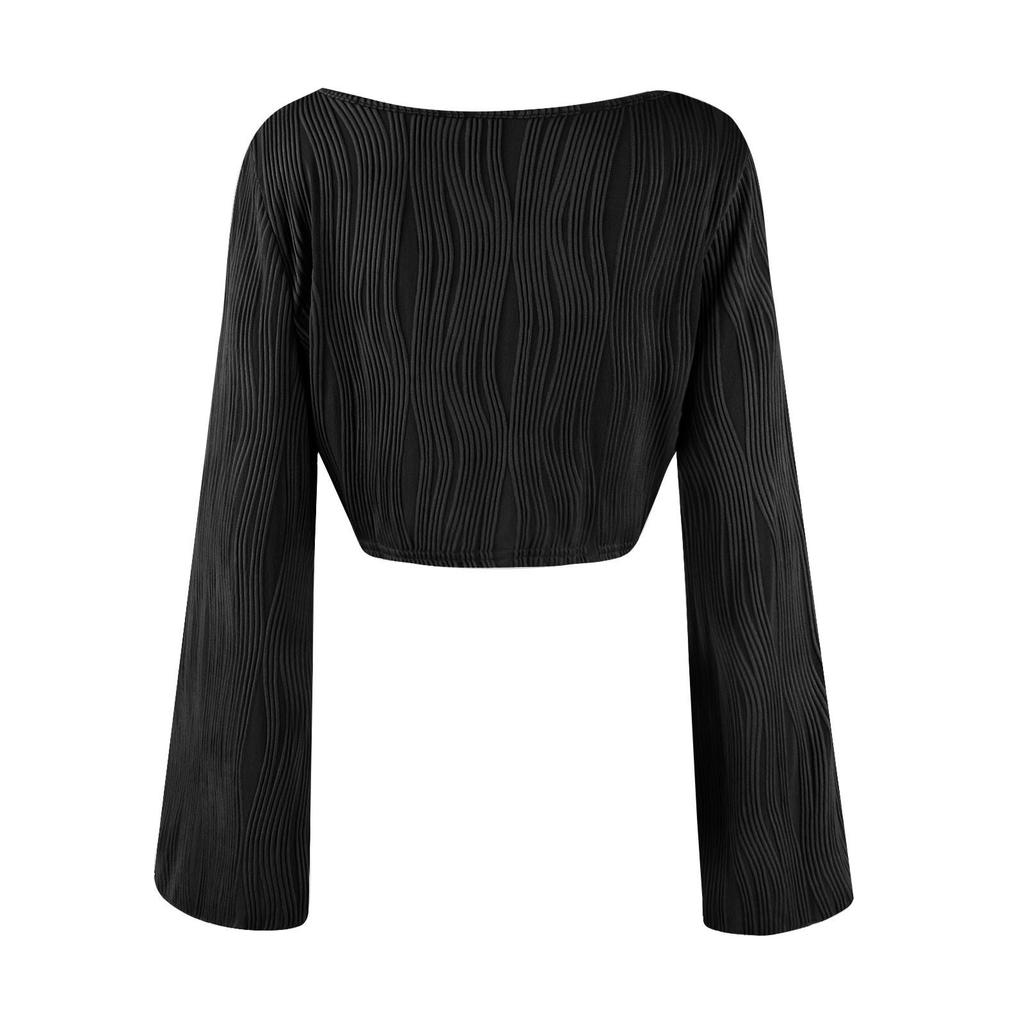 Women's U Neck Solid Color Crop Slimming Fashion Flared Long Sleeve Top Sexy Short T-shirt Top