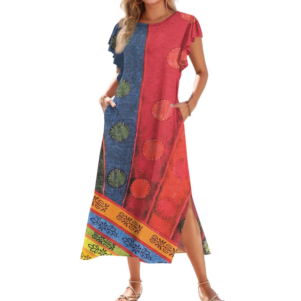 Ladies' Fashionable Summer Casual Pleated Sleeves, Loose Color Block Patchwork Printed Short-sleeved Round Tie Pocket Beach Dress