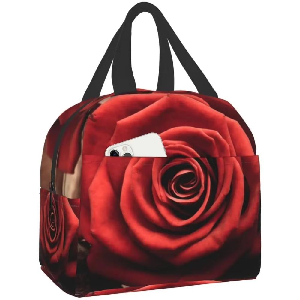 Red Rose Flowers On Gray Lunch Box Travel Bag Reusable Insulated Cooler Lunch Bags Girls Men Funny Picnic Tote Bag