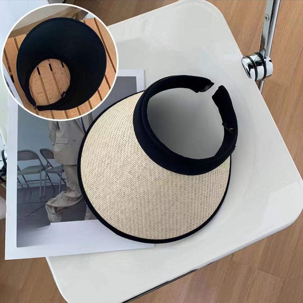 New Summer Sun Protection Hat UV Headband Straw Woven Empty Top Big Brim Showing Face Small Straw Hat
