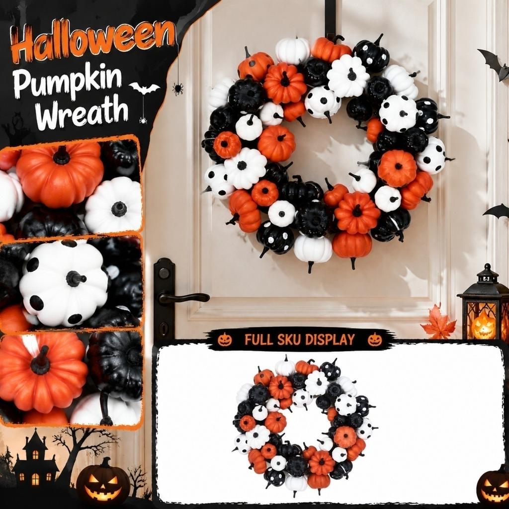 Halloween Pumpkin Wreath Artificial Mini Pumpkins Decorative Wreath for Seasonal Home Wall Door Decoration Indoor Outdoor Use