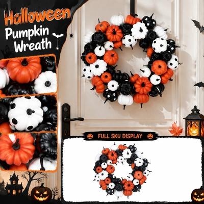 Halloween Pumpkin Wreath Artificial Pumpkin Decor for Front Door Indoor Outdoor Seasonal Decoration Holiday Party Supplies