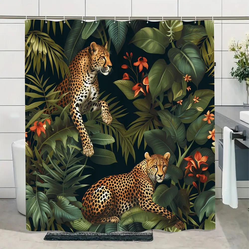 Jungle Wildlife Shower Curtain Tiger Plant Tropical Palm Leaf Polyester Fabric Shower Curtain Bathroom Decoration With Hooks Set