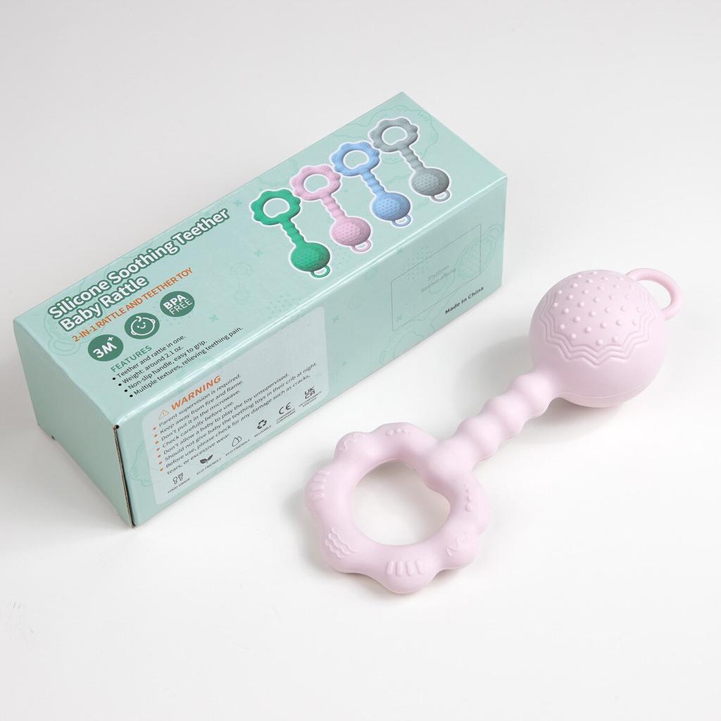 Zeguer 2-in-1 Baby Teether Toy, Soothes Gum Pain, Rattle Sound, Food-Grade Silicone, BPA-Free, Pink