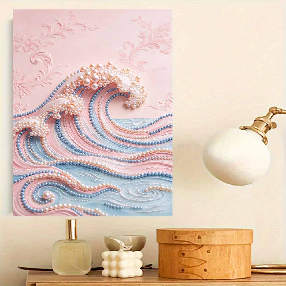 Frameless Pearl Painting DIY Kit Ocean Wave Pastel Pink Blue Sea 3D Sparkling Bead Canvas Relaxing Creative Craft for Art Lovers