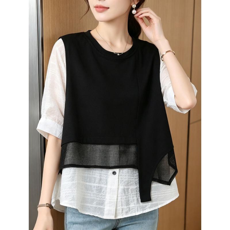 Black Fake Two Piece Loose Five Sleeve Shirt For Women Plus Size Summer Slimming Top