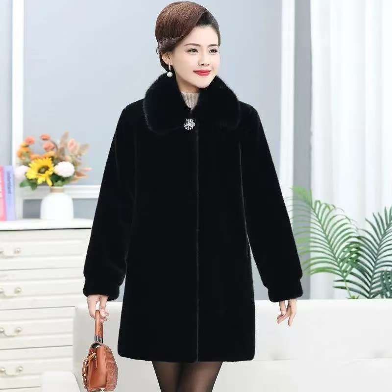 Winter Thickened Mink Velvet Coat Middle-Length Women's Outerwear Fur Collar Jacket Mid-Aged Ladies Fashion Outerwear