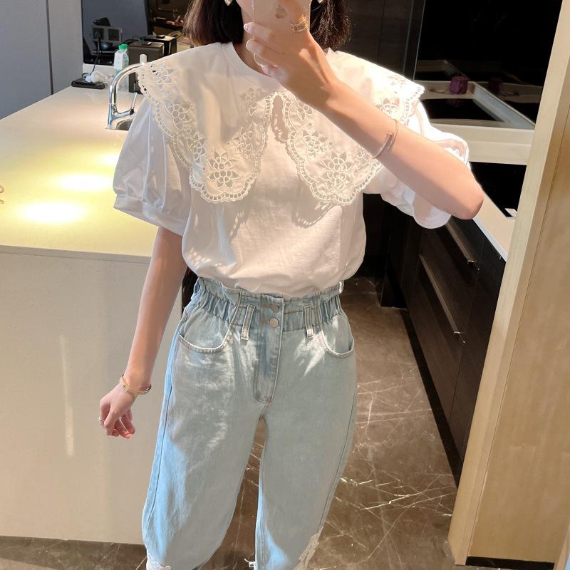 Large Size Women's Summer Hollow Lotus Leaf Petal Collar Loose White Casual Short Sleeved T-shirt