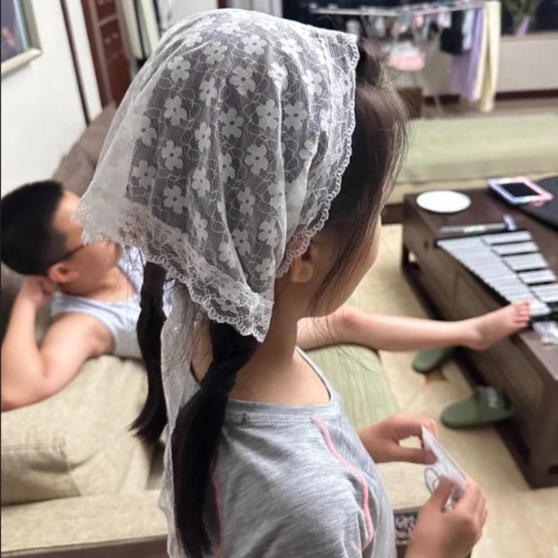 Elegant Lace Floral Hair Scarf Women Triangle Headscarf Lace Up Neck Scarf Lace Flower Sunscreen Travel Photo Pastoral Headbands