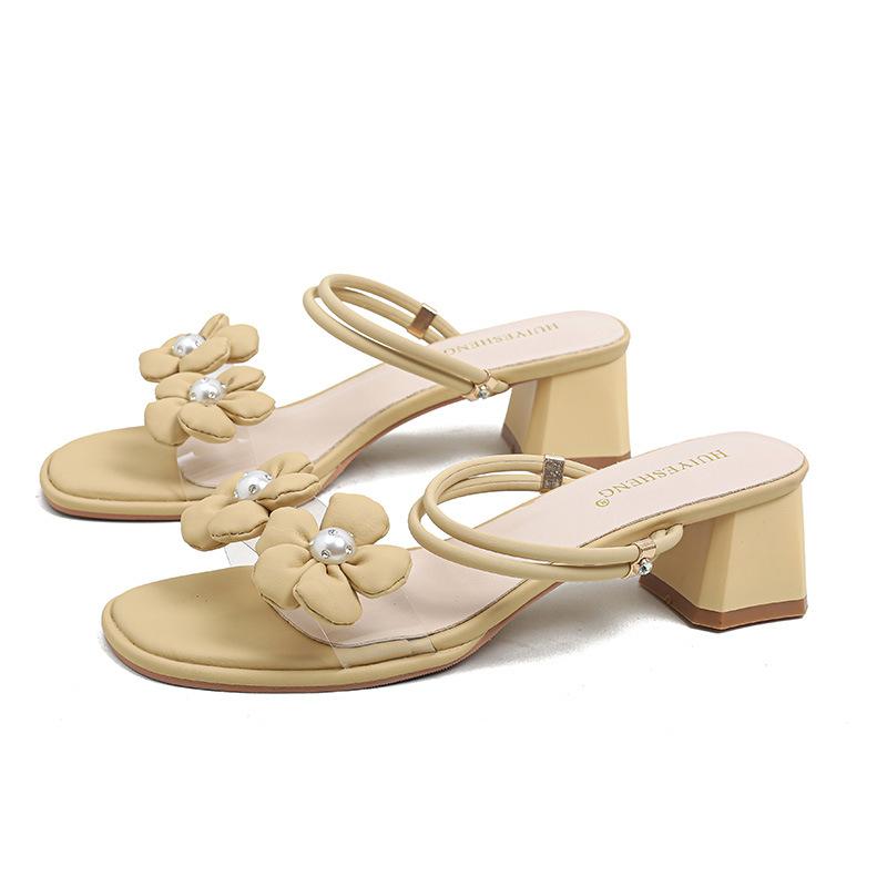 Mode blomma dekoration transparenta sandaler kvinnor smal rem ankelrem gladiator sandaler kvinna medelhöga klackar tofflor stor storlek 43