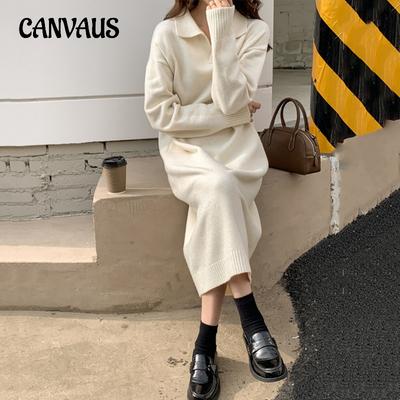 Autumn and Winter Women's Bottoming Dress Polo Collar Long Over The Knee Lazy Wind Loose Sweater Knitted Dresses