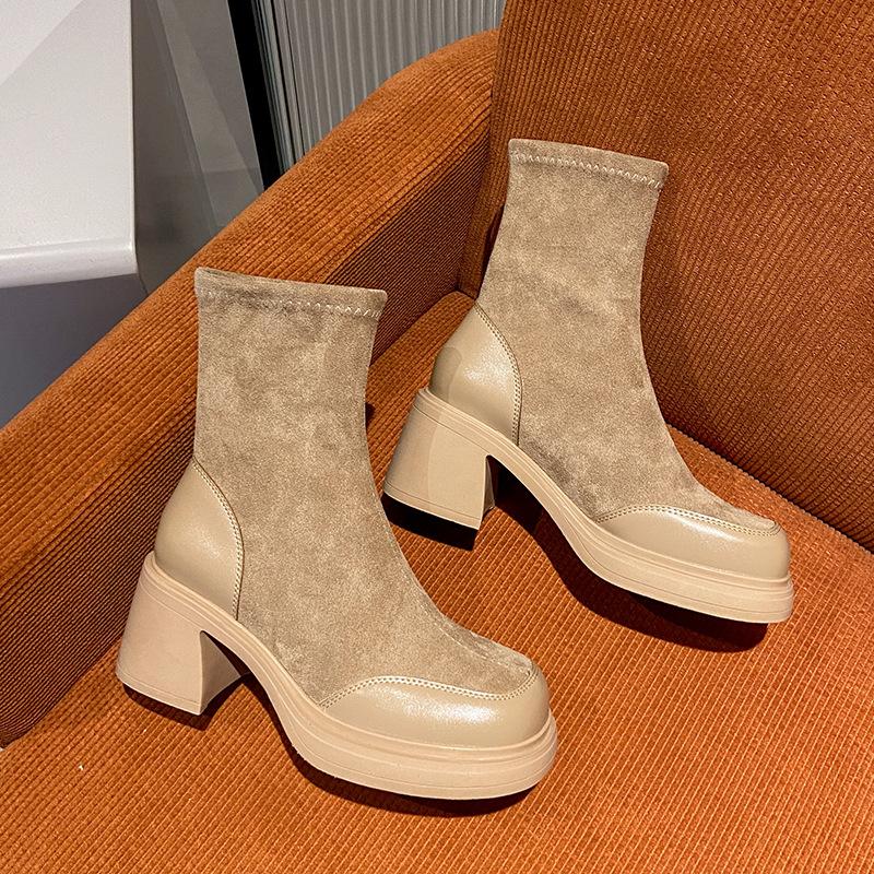 

Французские замшевые ботильоны на толстом каблуке женские 2025 осень и зима новый темперамент высокий каблук женская обувь облегающие ботинки Мартин облегающие ботинки 40