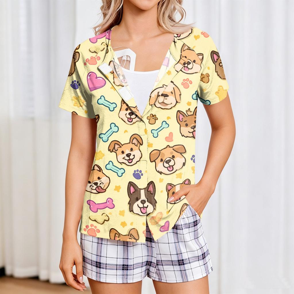Damen Post-OP Kurzarmhemd Vier Taschen Knopfleiste Cartoon-Print Bequeme Passform Medizinische Genesungs-Top